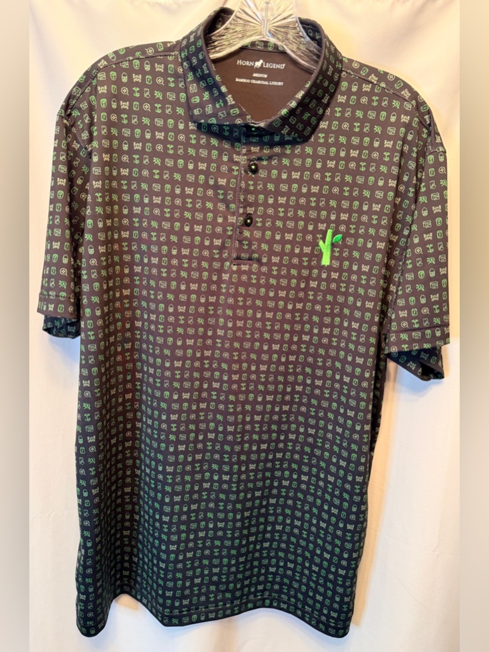 Horn Legend Size Medium Golf Polo Bamboo Charcol Luxury Black Green Print